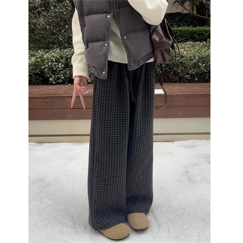 AK2482-P50日系慵懒阔腿毛呢格子裤女秋冬显瘦垂感直筒裤高腰休闲图片