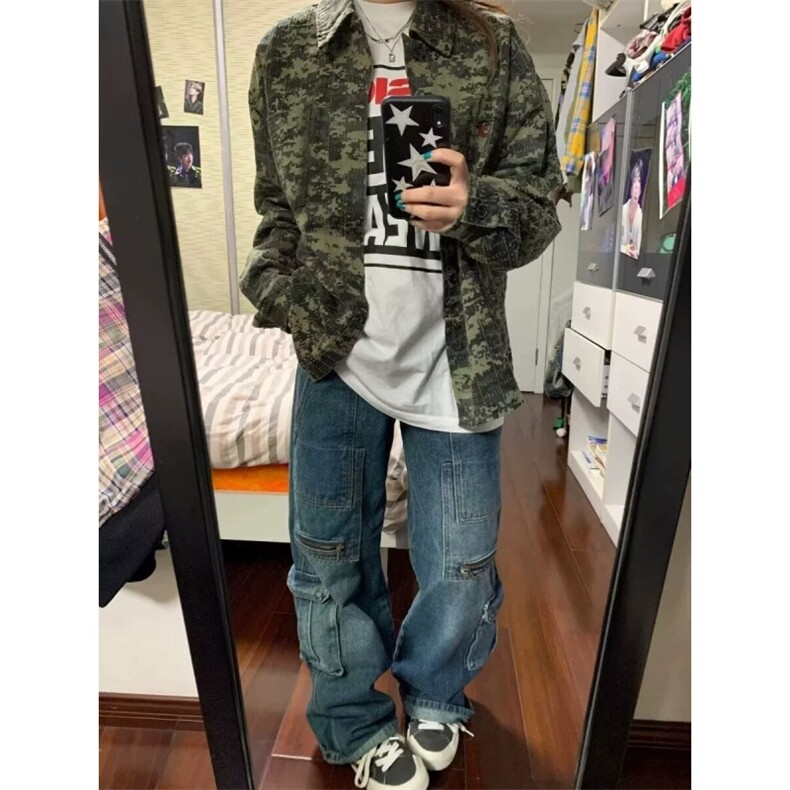 潮牌衬衣外套男ins美式个性迷彩满印宽松青年痞帅情侣衬衫潮图片