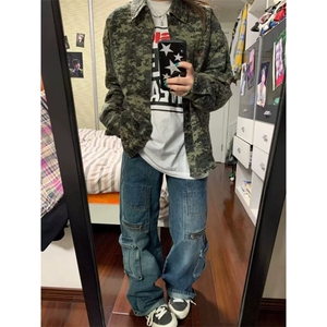 潮牌衬衣外套男ins美式个性迷彩满印宽松青年痞帅情侣衬衫潮图片