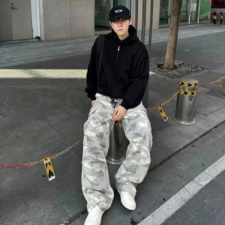 美式春秋水洗做旧百搭阔腿宽松男士工装直筒伞兵裤迷彩口袋休闲裤,男装休闲裤,星座506A