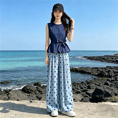 松弛感时尚洋气套装女夏季新款圆领无袖收腰上衣波点阔腿裤两件套，女装套装/套裙，江南