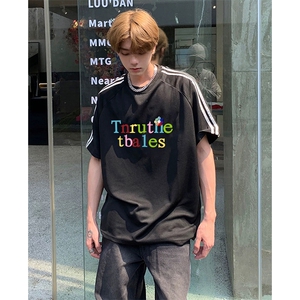抖音得物高品质二开240克宽松纯棉美式潮牌三条杠织带短袖T恤图片