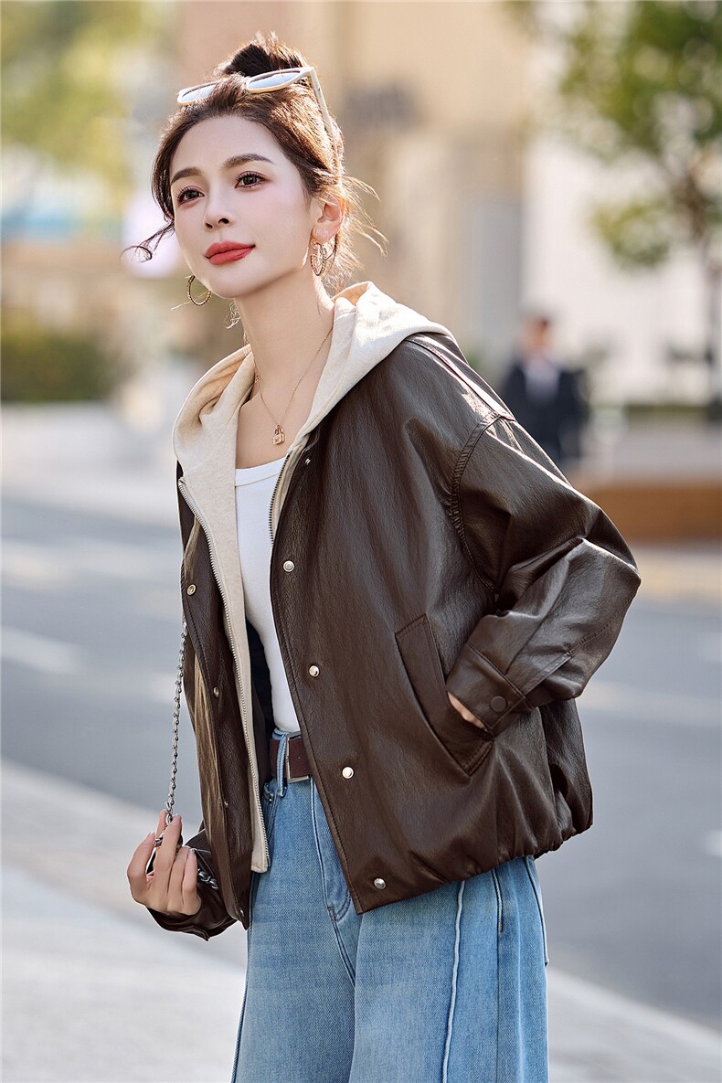 已出货春装新品美拉德连帽皮衣外套女今年流行显瘦百搭机车服潮,女装皮衣,吾爱衣
