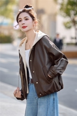 已出货春装新品美拉德连帽皮衣外套女今年流行显瘦百搭机车服潮，女装皮衣，吾爱衣