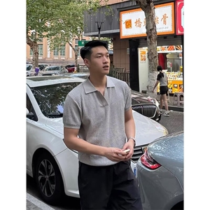 2025夏季新款老钱风竖纹肌理感针织短袖T恤男款polo领半截袖上衣图片