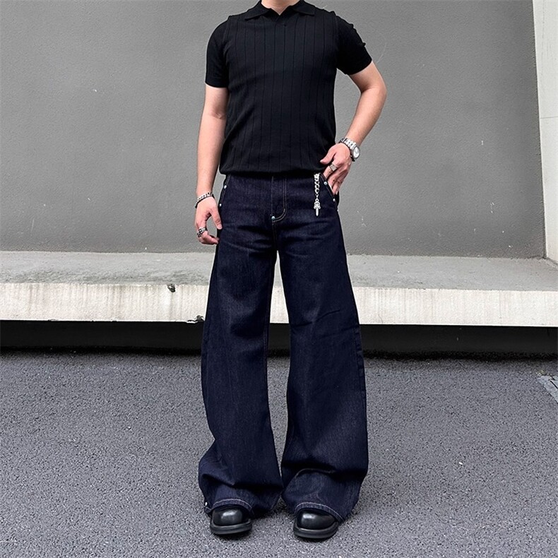 丹宁原牛绿松石撞钉弯刀牛仔裤宽松cleanfit阔腿长裤子RK3019-P50,男装牛仔裤,星座412-3
