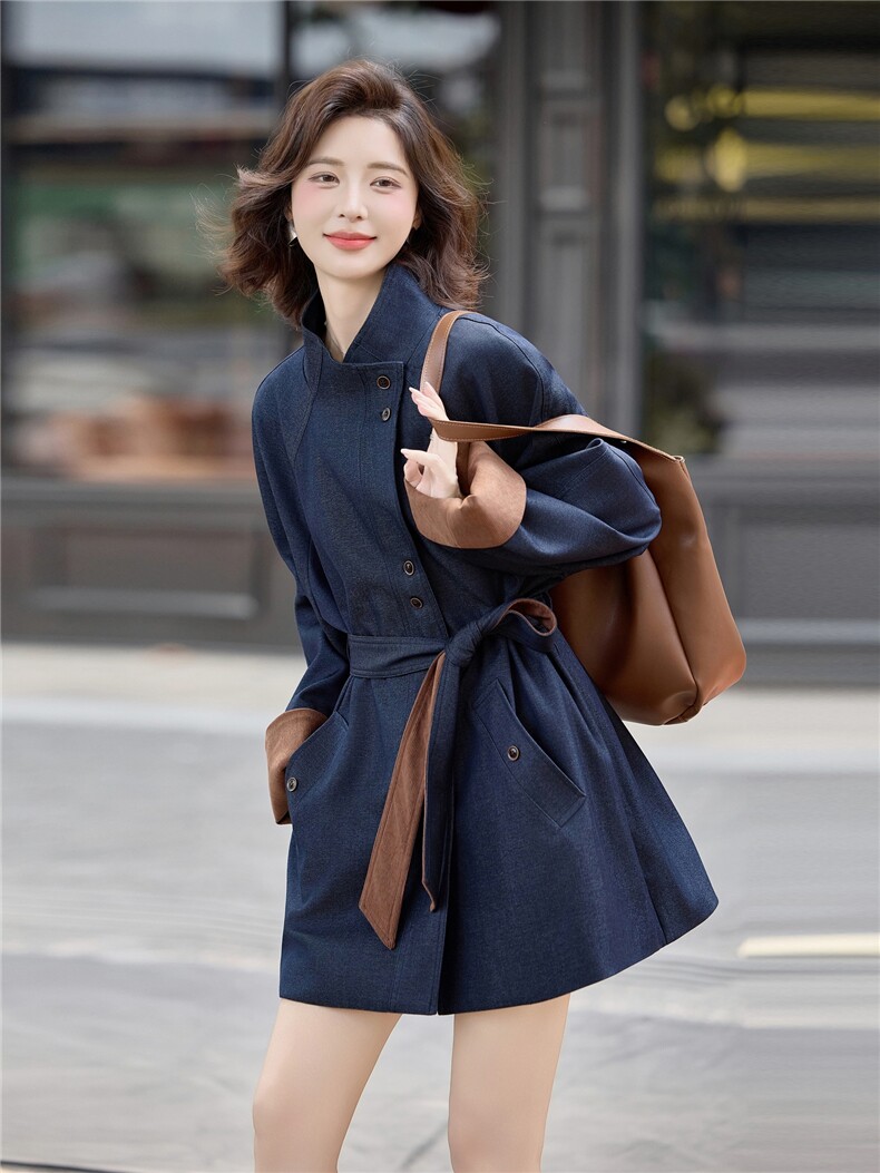 高级感藏青色翻领风衣外套女2025秋冬季宽松减龄拼色收腰气质大衣,女装风衣,素月