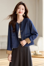 新中式拼色仿牛仔外套女2025春秋款气质优雅圆领短款上衣，女装短外套，时尚风爆