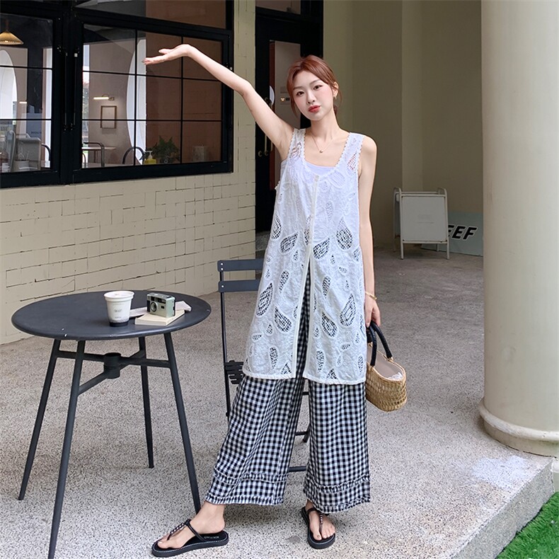 蕾丝无袖背心阔腿裤套装女夏2025新款两件套不规则大方得体流行,女装套装/套裙,欧黛芙妮