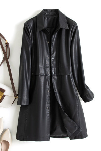 2022春季新款衬衫领时尚休闲百搭中长款皮衣风衣，女装皮衣，魅衣本色