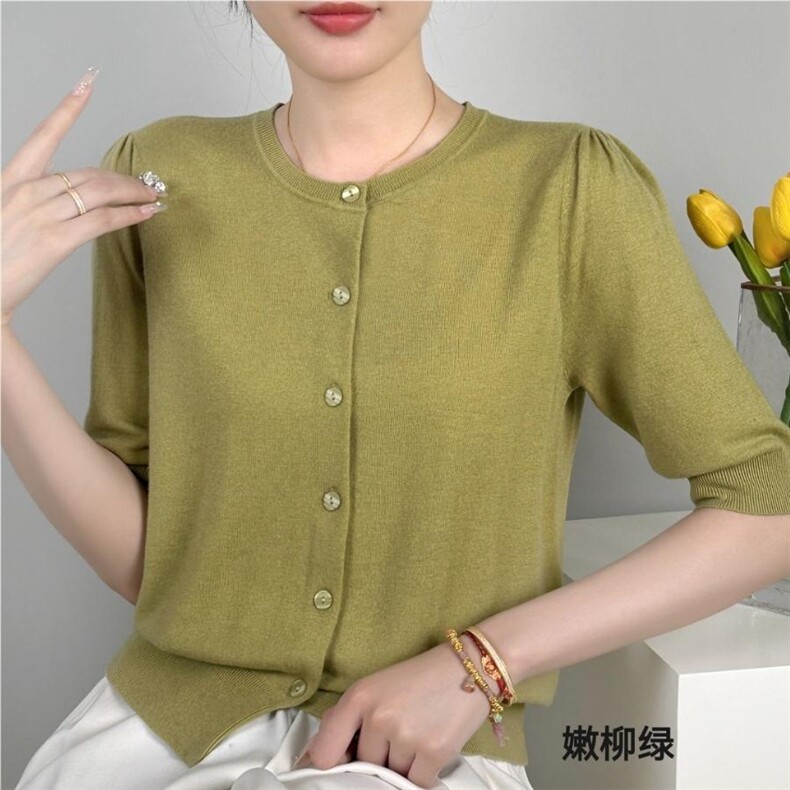 秋冬季羊毛休闲简约时尚百搭圆领泡泡袖复古开衫,女装羊毛衫,纳驰羊绒