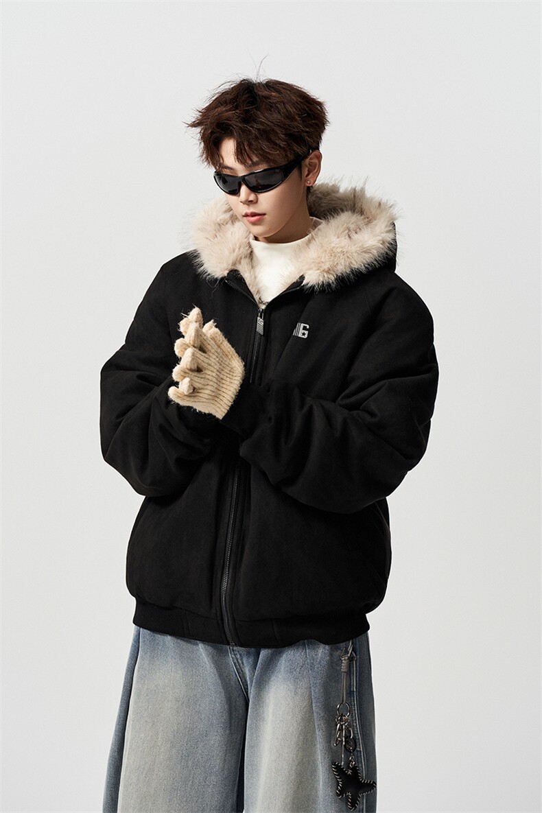 有长图冬季设计感毛领棉衣男宽松连帽棉袄外套派克服MF00846/P100,男装棉衣,电商B316