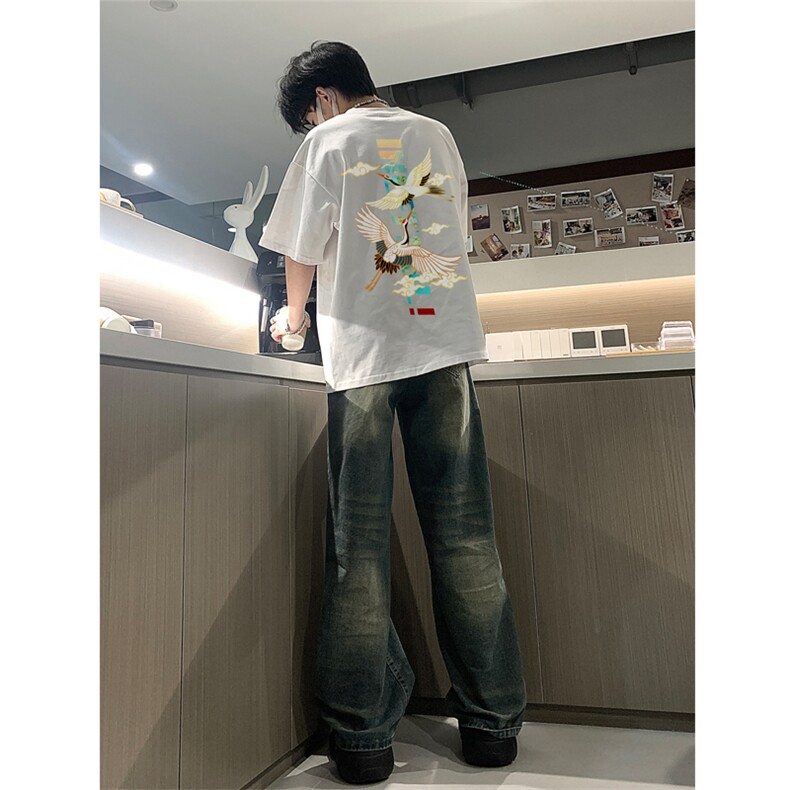 已做版权 新中式潮短袖风宽松仙鹤复古t恤男 T55-P28图片