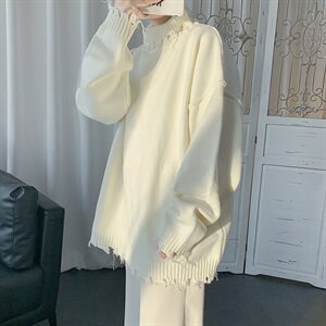 秋冬新品韩版情侣破洞毛衣做旧磨破ins男女宽松针织衫T802-P65图片
