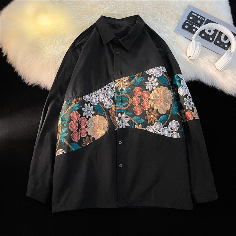 中性风平铺长袖衬衣男情侣大码M-5XL刺绣港风长袖衬衫男CS9743P50，男装衬衫，星座227-7