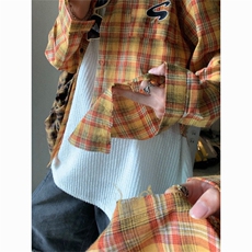 美式复古格子长袖衬衫男女宽松高街设计感情侣衬衣外套CS044-p35，男装衬衫，星座1008