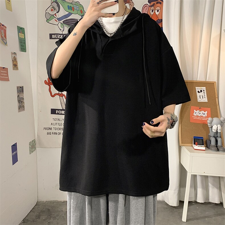 LD54099-P45连帽短袖t恤男大码胖子带帽五分袖中袖海报风,男装T恤,电商A040