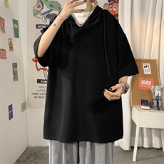 LD54099-P45连帽短袖t恤男大码胖子带帽五分袖中袖海报风，男装T恤，电商A040