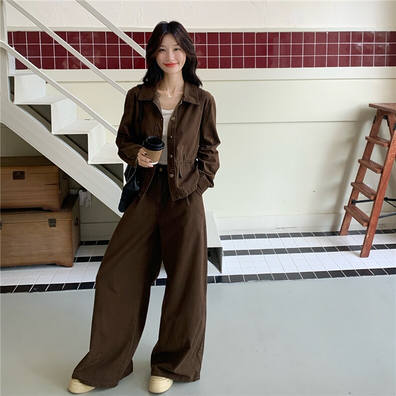 单排扣衬衫牛仔上衣阔腿裤套装女2025秋季新款韩版收腰显瘦两件套,女装套装/套裙,2C133
