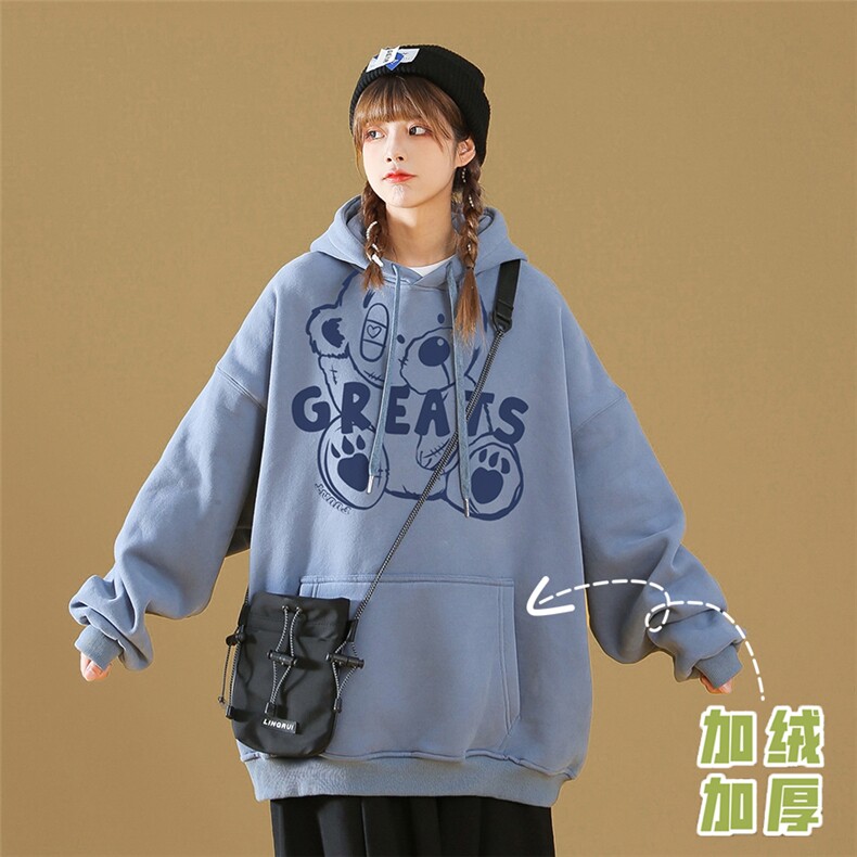 中性秋季潮流卡通印花上衣宽松连帽卫衣W239JRP35控58加绒P45,男装卫衣,A247A