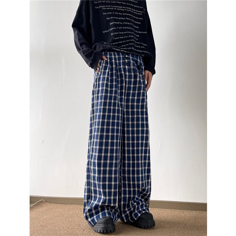蓝色格子阔腿裤男女2024秋季新款韩系复古慵懒风显瘦拖地休闲裤,男装休闲裤,星座410-6（原星座1304-1）