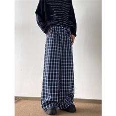 蓝色格子阔腿裤男女2024秋季新款韩系复古慵懒风显瘦拖地休闲裤，男装休闲裤，星座410-6（原星座1304-1）