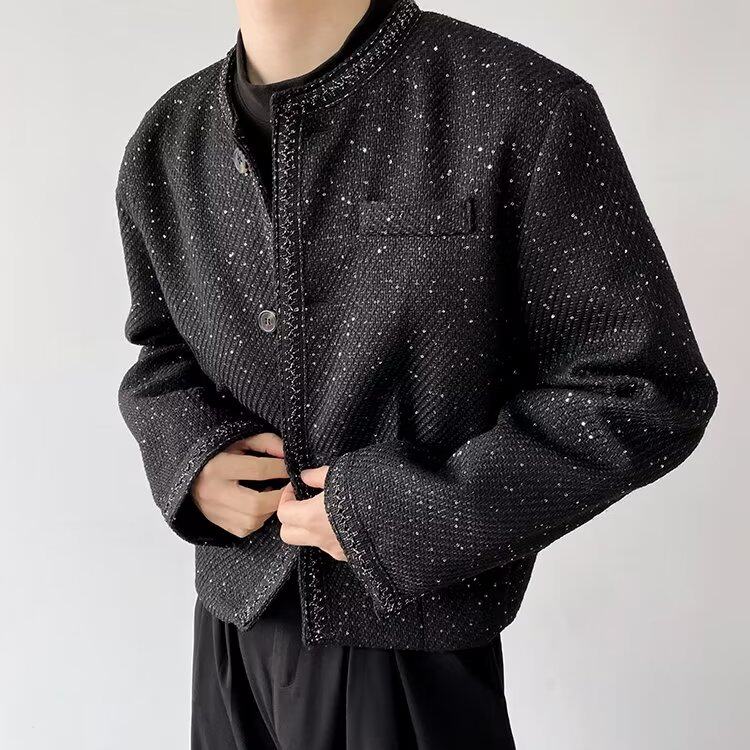 春秋轻奢高级感小香风外套男士韩版潮流时髦亮丝呢子西服痞帅气质,男装西服,星座516A
