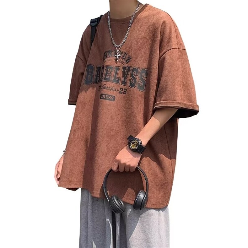 鹿皮绒短袖男款潮牌潮流美式复古t恤重磅夏季男生半袖衣服青少年,男装T恤,星座1210-1
