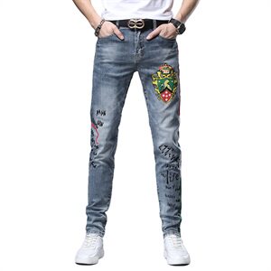 2021高端精品欧货韩版小脚手绘浅蓝牛仔裤百搭长裤A9867图片