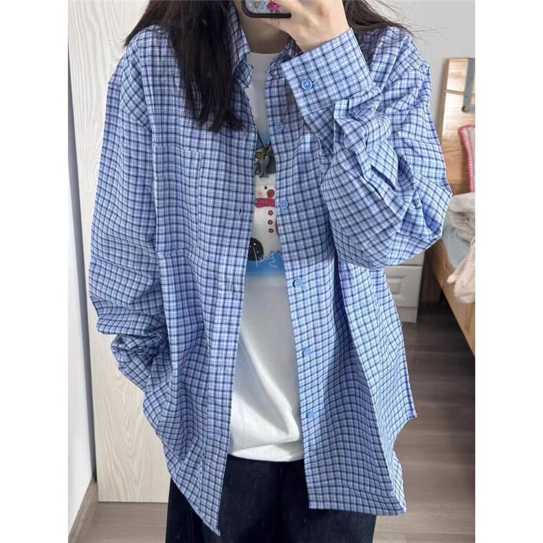 复古长袖格子衬衫女春秋休闲叠穿宽松纯棉上衣,男装衬衫,星座506A