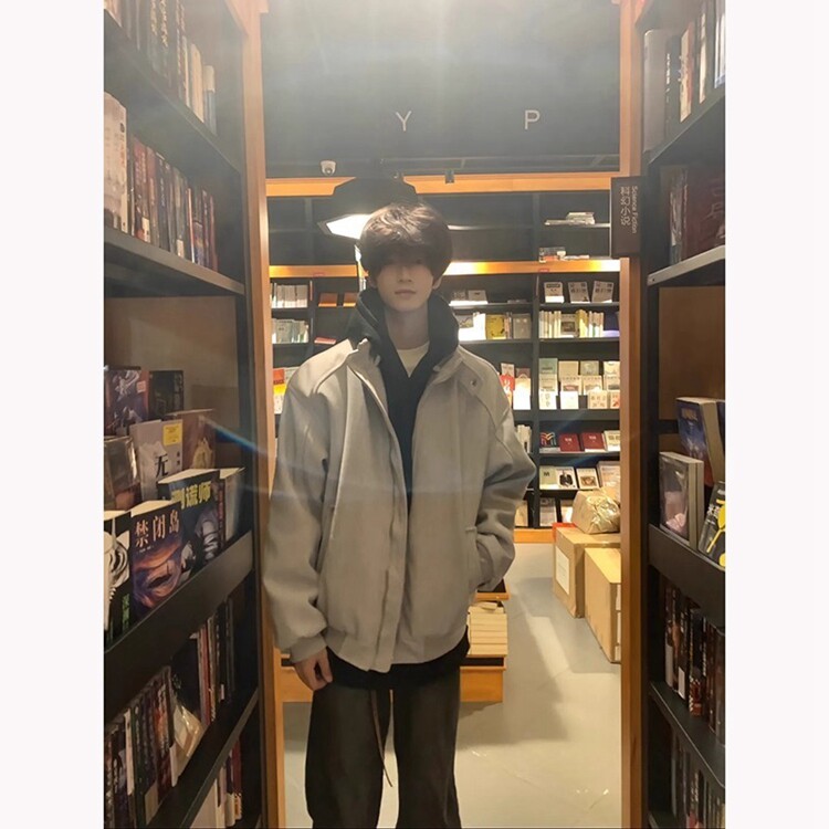 花灰色毛呢夹克棉服男士春秋美式高级工装卫衣外套短款立领棒球服,男装夹克,星座218-8