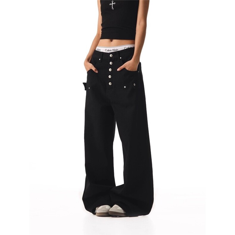 金属排扣设计纯色黑白宽松直筒牛仔裤男女秋冬百搭重磅阔腿裤，男装牛仔裤，星座1210-1