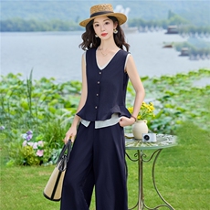 现货2026夏季时尚潮流天丝亚麻老钱风马甲三件套加阔腿裤套装，女装套装/套裙，尚洛菲
