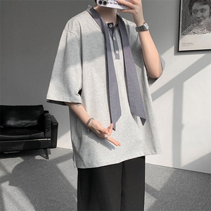 T10136-特批35 控68  新款小众夏季短袖撞色拼接双纱面料大码T恤图片