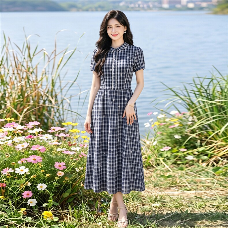 夏季格纹绣花收腰显瘦学院风优雅气质连衣裙,女装连衣裙,水衣源