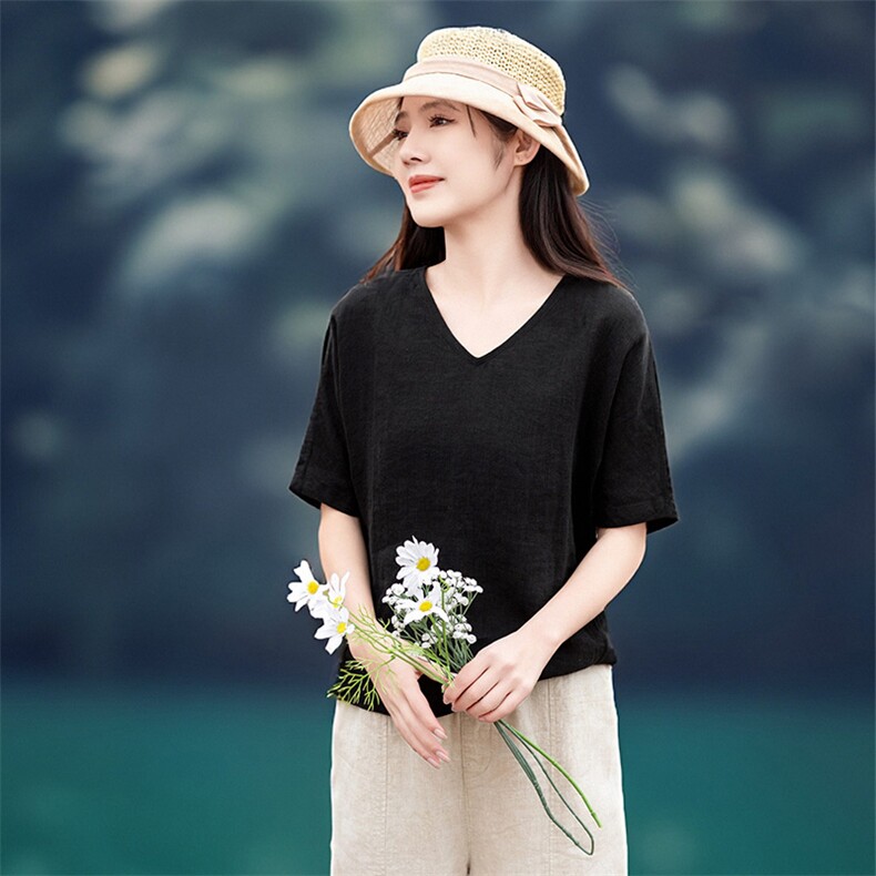 2026年春季文艺风女短袖宽松亲肤透气常规亚麻棉，女装衬衫，江南依恋