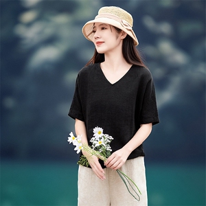 2026年夏季文艺风女短袖宽松亲肤透气常规亚麻棉图片