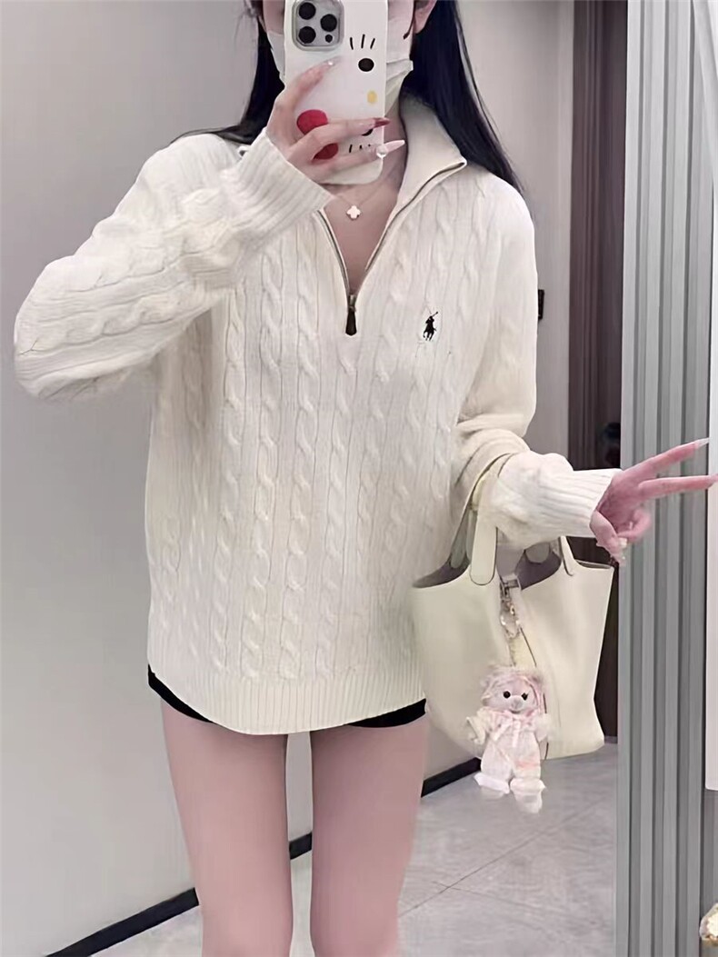 2026年秋季时尚百搭通勤简约休闲半拉链绞花毛衣，女装针织衫/毛衣，米咔羊绒