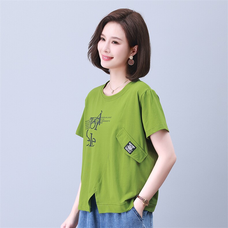 时尚宽松拼接印花短袖上衣舒适百搭显瘦T恤,女装衬衫,叶笙衣