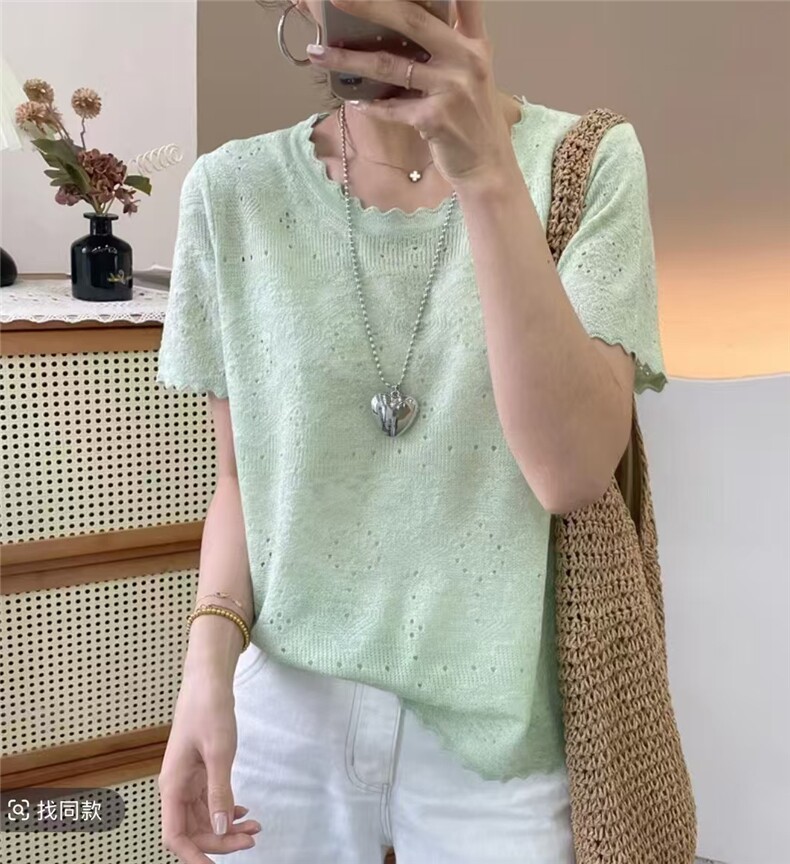 镂空短袖精仿6羊毛,女装T恤,源达羊绒