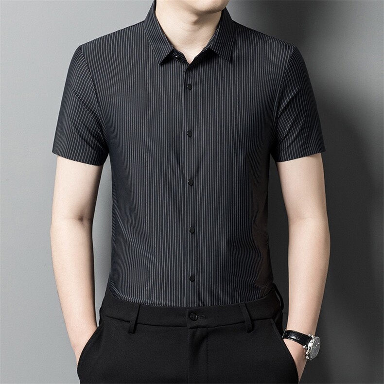 条纹短袖衬衫男薄款上衣服夏季中年男士商务休闲百搭衬衣爸爸装图片