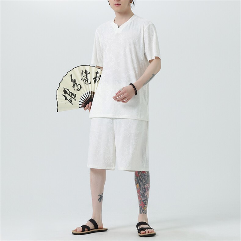 2025夏季风男装套装针织龙纹提花唐装套装短袖+短裤A100-P85,男装休闲套装,电商B277(原6028)