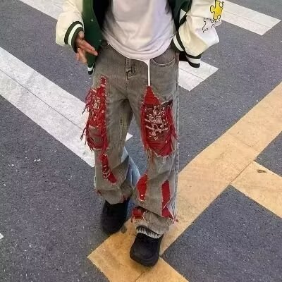 1506-1/KK5451/P51美式街头水洗做旧破洞牛仔裤男春秋直筒百搭图片