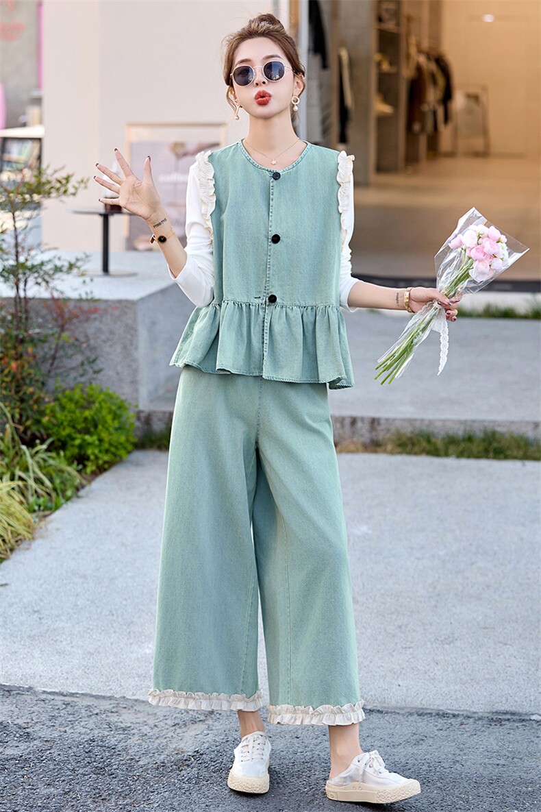 超好看蕾丝花边牛仔套装女2025夏季新款韩系减龄马甲阔腿裤两件套,女装套装/套裙,玖莱伊