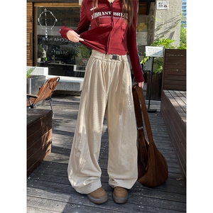 新款腰带设计灯芯绒舒适褶皱拼接男宽松休闲裤K24066-特P35控68图片