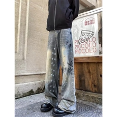 美式高街夏季水洗做旧工艺破洞牛仔裤男宽松直筒垂感阔腿长裤，男装牛仔裤，星座716-4