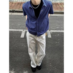 蓝格纹抽绳短袖衬衫夏季百搭短宽版型男女上衣miu系 C7013图片