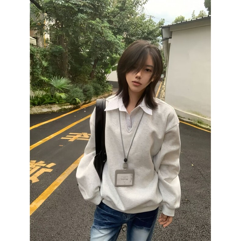 W10809-P43网图现货日系ins时尚气质假两件流行长袖卫衣简约,男装卫衣,星座1608