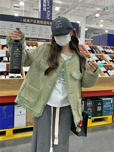 流苏绿色小香风羽绒服外套女秋冬2025新款高级感赫本风气质加厚图片