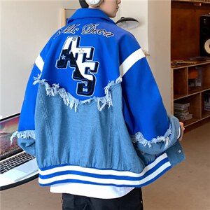 美式复古高街牛仔拼接翻服男秋季宽松工装夹克外套JK0859-P80图片